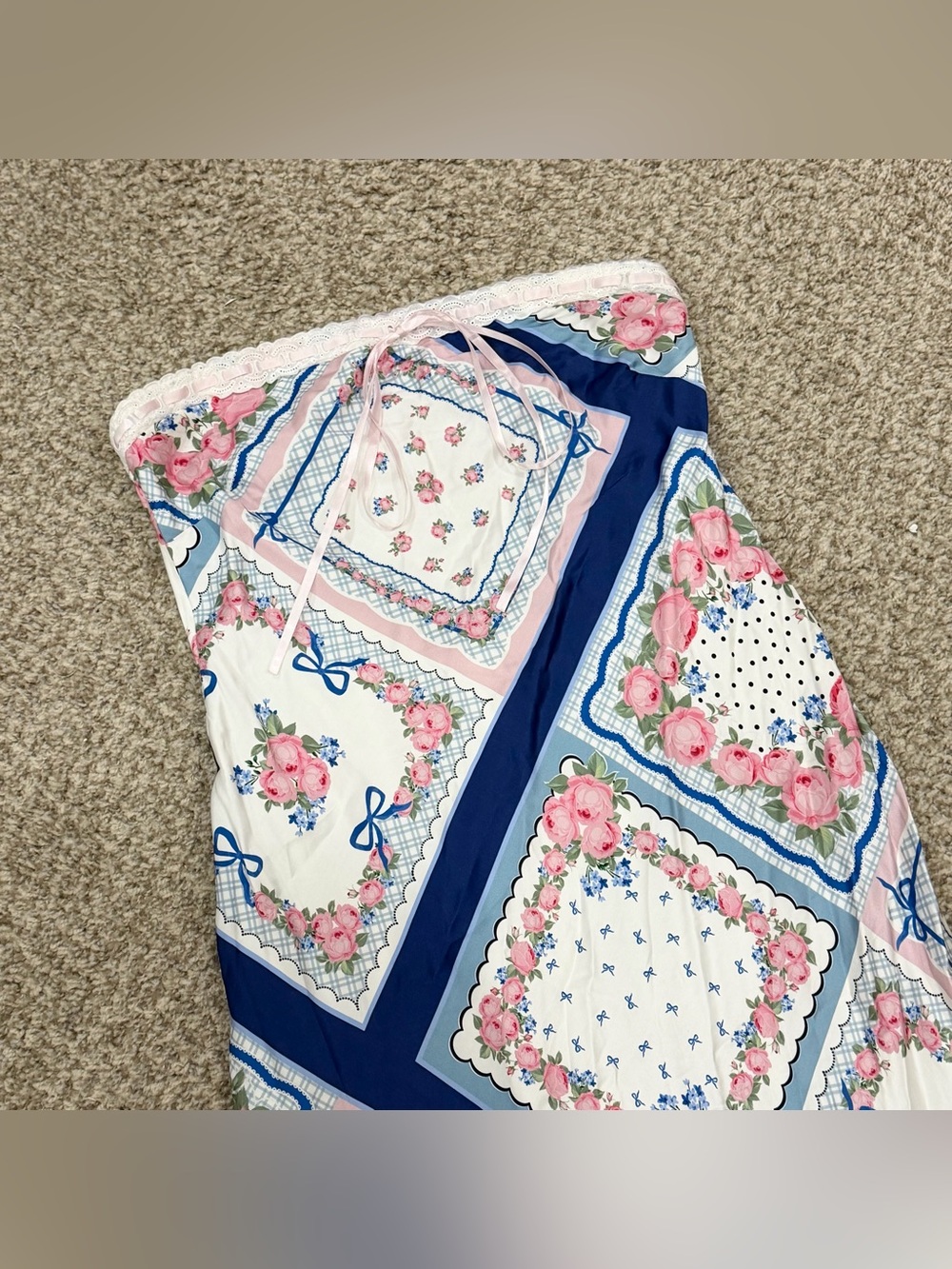 For love and lemons pink and blue floral patchwork strapless dress